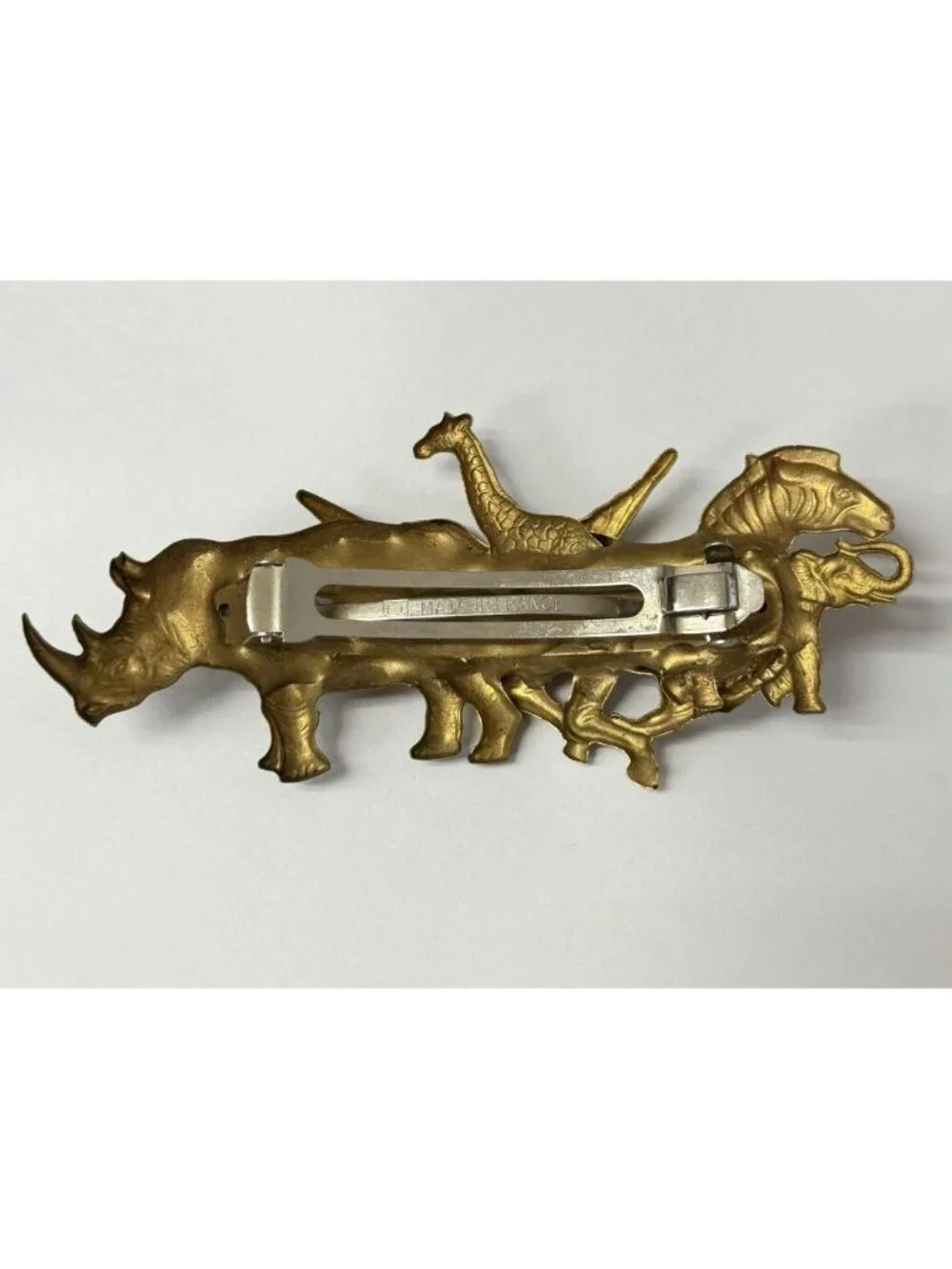 Stampede Safari Hair Clip 5” Barrette Brass Made in France Rhino Zebra Elephant